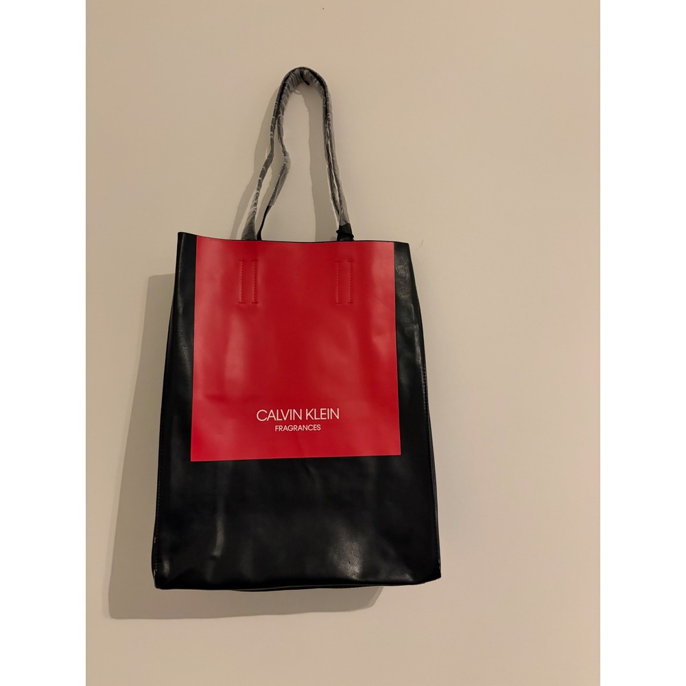 Calvin Klein Fragrances Black Red Faux Leather Tote Bag Shopper Logo New